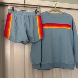 Blue Sweatshirt and Shorts Set with Rainbow Stripes